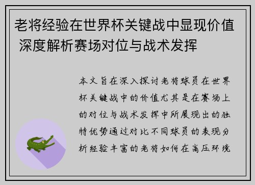 老将经验在世界杯关键战中显现价值 深度解析赛场对位与战术发挥