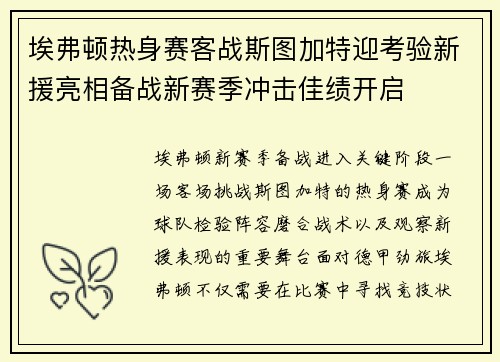 埃弗顿热身赛客战斯图加特迎考验新援亮相备战新赛季冲击佳绩开启